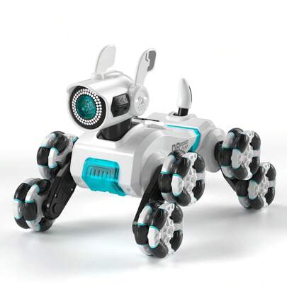 Robot perro acrobático teledirigido con detección de gestos, ruedas Mecanum, ojos LED, 3 efectos de sonido, regalo de cumpleaños para niños y niñas. Robot teledirigido con detección táctil, ojos LED, baile y música.