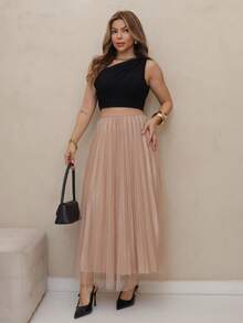 MIA MIA MODAS Elegant Long Tulle Skirt With Pleated Lining And Rhinestones All Over The Lining, Elastic At The Waist Of The Skirt. - Beis - Ver 3