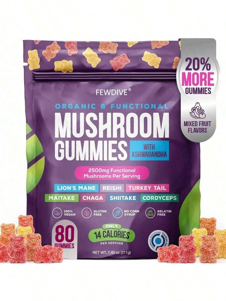 FEWDIVE Drops Of Nature Mushroom Gummies |   Ashwagandha KSM-66, Lion's Mane, Shiitake, Turkey Tail, Reishi, Maitake, Chaga, Cordyceps |   Vegan Mushroom Supplement |   Mixed Fruit, 80 Gummies - 菇 - 查看 1