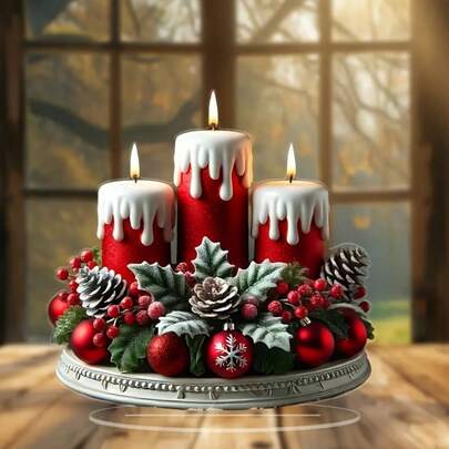 1pc Vintage Christmas Candle Centerpiece Decor, Multifunctional Red Candle Desktop Ornament, Floral Theme, Acrylic Material, Suitable For Home, Cafe, Office Decoration, Perfect Winter Gift For Christmas, Thanksgiving, Valentine's Day