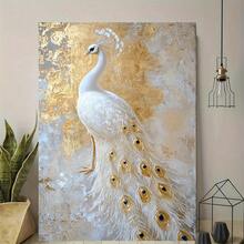 1pc, Elegant White Peacock Canvas Wall Art, Majestic Bird Print Painting, Luxurious Gold Textured Background, Stretched Art For Living Room, Bedroom, Office, Modern Home Decor, High Quality Gic Print Picture, Ready To Hang Wall Decor, Animal Inspired Artwork - 彩色 - 查看 2