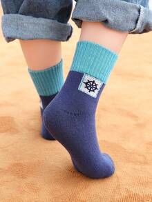 5 双儿童厚款保暖内衬锚形图案中筒保暖袜，秋冬款