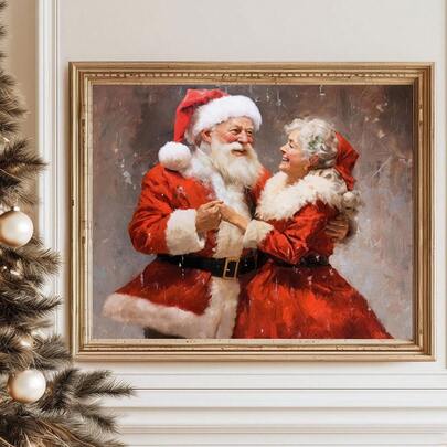1幅帆布墙画，带框圣诞墙饰，复古圣诞老人和圣诞奶奶跳舞，现代冬季家居装饰，复古圣诞装饰，复古圣诞老人油画，圣诞海报，冬季装饰，房间装饰，宿舍装饰，卧室装饰，客厅装饰，浴室装饰，营造圣诞氛围，圣诞海报，圣诞墙饰，圣诞礼物
