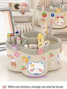 1pc Rotating Pen Holder Organizer, High Capacity, Compartments, Suitable For Student, Children Desk, Creative Pen Rack, Minimalist Design (Random Sticker Pattern)