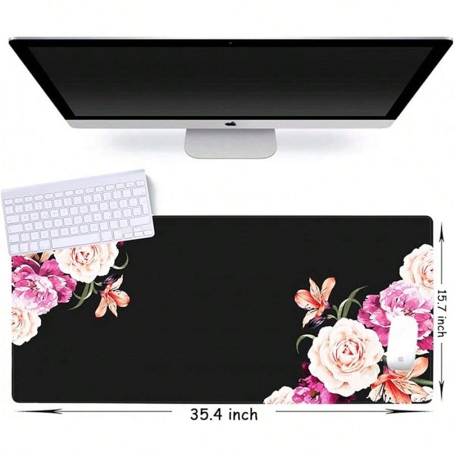 Alfombrilla de ratón extendida para juegos iLeadon, base de goma antideslizante y resistente al agua, protector de escritorio para teclado y ratón, 35.5 x 15.75 pulgadas, 3mm de grosor, XX-Large, compañero para trabajo y juegos (Noche estrellada) - Flor de peonía - Ver 1