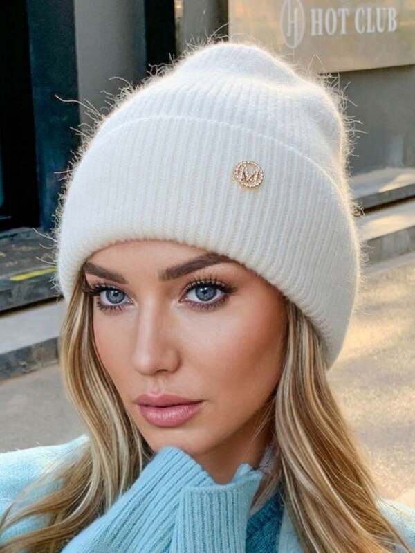 1 Stück gestrickte Mütze mit Bund, Metall-Tag für Frauen, Winter Kaninchenfell Plüsch gestrickte Kappen, weich, lässig, warm, für Schnee, Ski, Laufen, Unisex Erwachsene, große Kopfumfang, gesichtsanhebend und warm