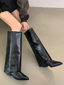 Women's Winter Over-The-Knee Boots, Pointed Toe Chunky Heel Tall Boots, Black Boots, Fold-Over Boots, Fashionable Shark Boots, Slip-On Tube Boots, Suitable For Daily Wear, Music Festivals, Parties, And Various Occasions - Black - View 4