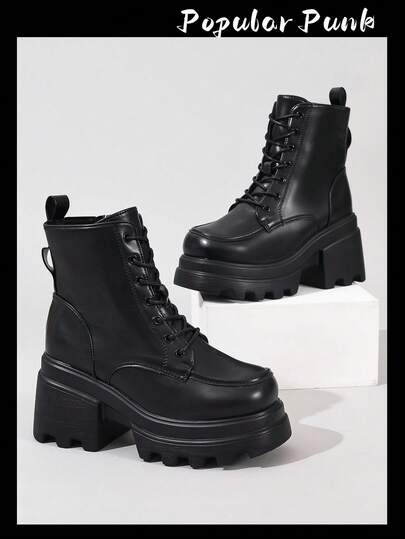 Punk Style Women's Black Thick Heel Short Boots, Fashionable Lace-Up Boots, Suitable For All Seasons Vacation And Daily Wear Motorcycle Rider Boots