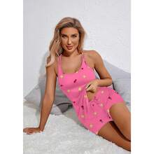 Women's Cami Pajama Set Sleeveless Racerback Tank Top Soft Sleepwear For 2025 - 玫瑰粉紅櫻桃泰迪熊 - 查看 4