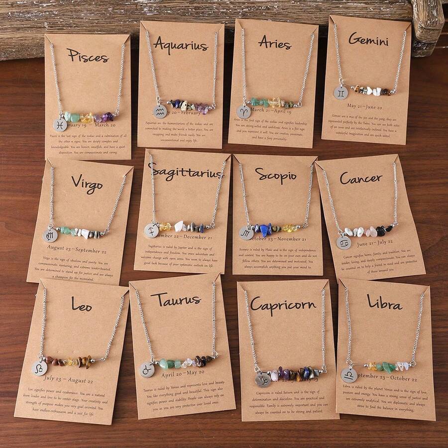 1pc Bohemian Style Natural Stone Necklace With 12 Zodiac Birthstone Pendants - Astrology Constellation ​Personalized Aries​,Taurus​​,Gemini​​,Cancer​​​​,Leo​ ,Virgo​,Libra​,Scorpio​​,Sagittarius​​,Capricorn​,Aquarius​​,Pisces​ Jewelry Perfect Birthday Gift For Her Women, Men, Daughte, Wedding Party Mother's Day Christmas Versatile Everyday Wear (Stone Shape, Size, And Color May Vary)