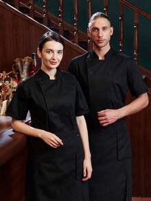 Uniforme clásico de verano de manga corta para chef, diseño de malla transpirable en la espalda, durable y cómodo, unisex, diseño clásico de doble botonadura, elegante y de moda, uniforme de chef clásico y popular, adecuado para catering, panadería, cocina de hotel, restaurante, cafetería, chaqueta de chef personalizada de alta gama, uniforme de chef para mujer, de manga corta y ligero - Negro - Ver 7