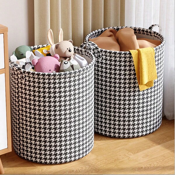 1pc Classic Thousand-Bird Grid Dirty Clothes Basket, Large-Capacity Waterproof Foldable Dirty Clothes Storage Basket And Laundry Basket. Multi-Functional Clothing, Toy And Sundries Storage Basket.