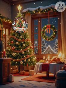 1 Stücke Weihnachts-Dekorations-Set - beinhaltet Frohe Weihnachten, Weihnachtsbaum, Weihnachtskugeln, Geschenkboxen, Winterlandschaft, Hütte, Schneeflocken, Zuckerstangen, runde Ornament-Teller, Feiertags-Atmosphäre. Geeignet für Zuhause, Restaurant, Bar, Ladenfront, Café Dekoration. 2D flach bedrucktes Design für Hängeschilder und dekorative Holzstücke.