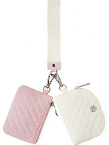 Mini Zip Around Wristlet Wallet For Women - Dual Pouch Design - 0-米色+粉紅色 - 查看 10