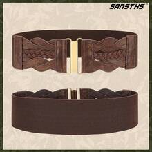 Vintage Stretchy Wide Elastic Belt With Gold Buckle For Women - 復古咖啡 - 查看 5