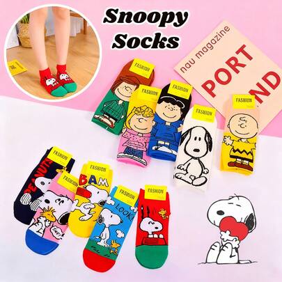 SNOOPY 5/3/1 par de calcetines con estampado de Snoopy de colores claros, calcetines de dibujos animados Snoopy creativos para hombres y mujeres con patrones de dibujos animados de moda y versátiles, suaves y cómodos