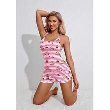 Women's Cami Pajama Set Sleeveless Racerback Tank Top Soft Sleepwear For 2025 - Pink Striped Teddy Bear - View 5