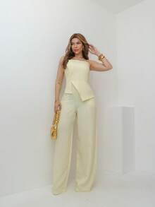 Women's Strapless Jumpsuit With Back Zipper And Button Details/Y009 - Yellow - View 7