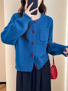 Alicedudu Women's Casual Minimalist Korean Style Contrast Color Button Design Round Neck Sweater Cardigan, Autumn/Winter - Blue - View 5