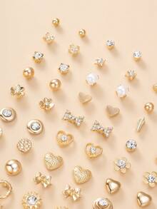 60pcs Fashion Metal Butterfly, Heart, Rhinestone, Moon, Bow Knot, Flower Stud Earrings Set, Jewelry Gift, Suitable For Women's Daily Wear - Yellow Gold - View 5