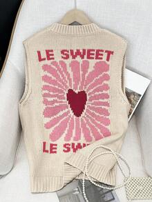 Plus Size Women's Fall And Winter Fashion Casual Bohemian Vacation Simple Commuter Contrasting Colors English Letters Love Printed Round Neck Pearl Buttons Sleeveless Cardigan Brunch Outfits For Women