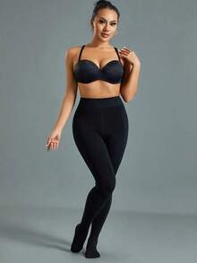 1 Pair Women's 1200D High Elasticity Fleece Thermal Lined Black Tights, Fashionable Minimalist Pantyhose, Cozy - màu đen - Xem 5