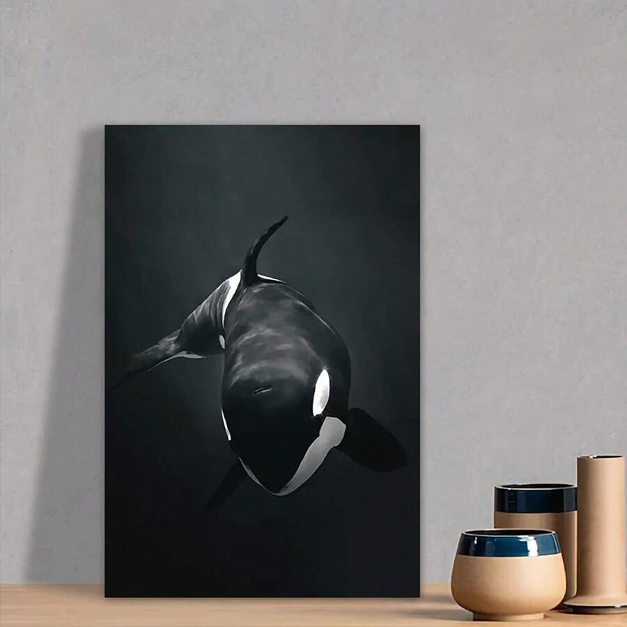 1pc Framed Orca (Killer Whale) Painting - Modern Black And White Marine Wildlife Canvas Poster, Minimalist Ocean Decor For Living Room, Bedroom, Office - Easy To Hang Framed Needed, Ocean Theme Decor, Bedroom Artwork, Bold Contrast Art, Striking Imagery