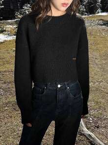 Alicedudu Women's Minimalist Chic Crew Neck Sweater, Autumn/Winter - Black - View 4