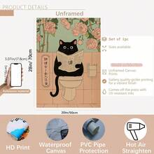 1 pièce Affiche murale d'art avec chat noir japonais drôle sur les toilettes - Impression moderne de salle de bain avec roses roses et verdure, décoration sur canevas sans cadre pour le salon, la chambre à coucher, la salle de bain - Cadeau unique pour les amateurs de chats, pendaison de crémaillère, décoration de salle de bain, accent artistique pour la maison