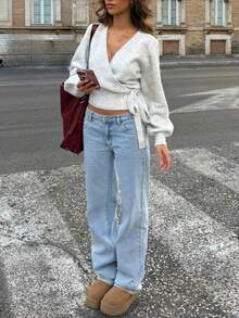 HoloChill Women Young Influencer Casual Solid Color Cinched Waist Bow Pullover Long Sleeve Sweater, Summer Casual New Versatile Top - Grey - View 2