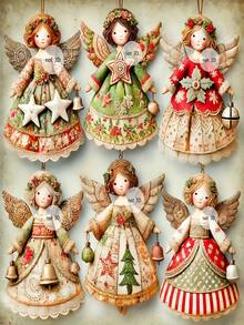 6-12 pezzi Ciondolo decorativo natalizio in legno retrò a forma di angelo per albero di Natale, decorazione per la casa