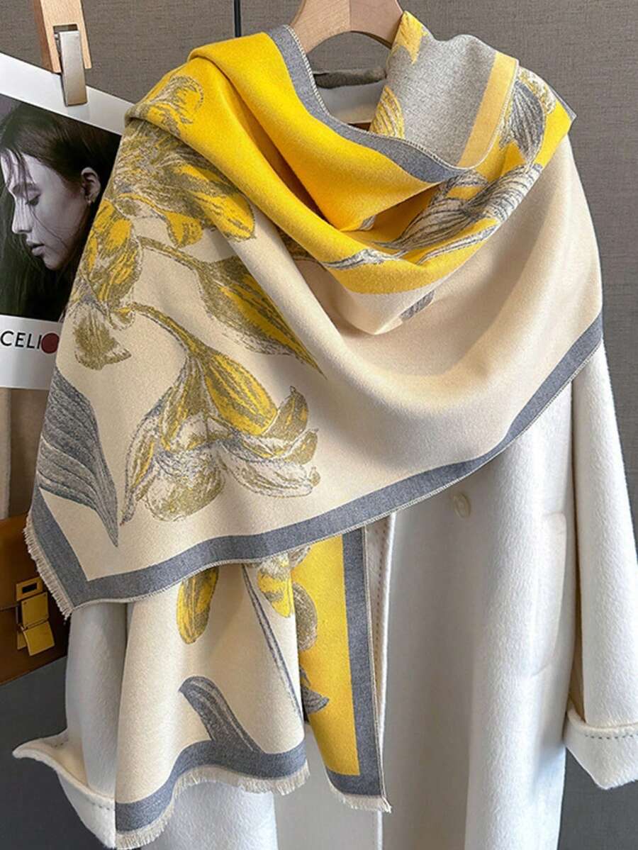 Premium 2-en-1 Écharpe et Châle pour Femmes, Polyvalent, Épais et Chaud, Étole Réversible Longue, Convient pour l'Automne/Hiver pour les Robes - Jaune citron - Voir 1