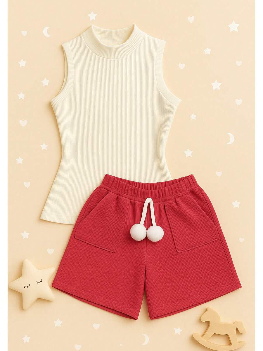 Children's And Youth Set Basic Tank Top + Ribbed Shorts With Pompom Super Stylish 2-Piece Kit For Girls And Teenagers Spring Summer CJI039 - Pink and Off - View 1