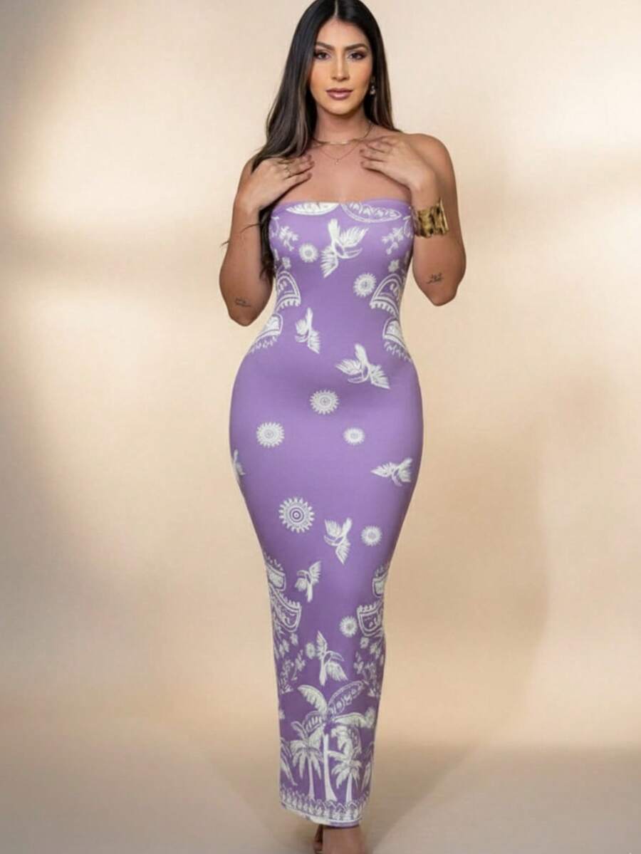 Women's Tropical Summer Strapless Midi Dress - 紫色 - 查看 1