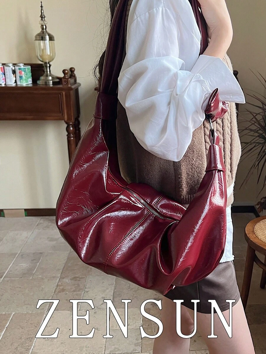 Burgundy Vintage Oiled Wax Leather Shiny PU Leather Pleated Shoulder Bag, Casual Versatile Women's Crossbody Bag, Large Capacity, Suitable For Daily, Commuting, Dating, Shopping, Crescent-Shaped