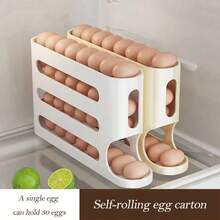 Automatic Rolling Egg Dispenser Organizer For Refrigerator, 4-Tier Space-Saving Egg Holder Tray, Holds 28 Eggs, Durable Plastic Egg Storage Rack For Fridge, Counter, Kitchen Cabinet - Beige - View 9