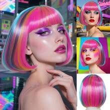 Fashion Women's BoBo Wigs, Short Straight Hair With Bangs Wigs, Multiple Pastel Colors Bob Anime Cosplay Wigs For Party Costume Wigs For Ladies, Pink Green Black Blonde Red Brown Blue White Purple Orange Yellow Rainbow Colorful Hairpiece For Holiday Comic Con Exhibition Celebration Daily Wigs For Birthday Gifts, Sassy Rockabilly Punk Cool Unique Rock & Roll 80s Wig