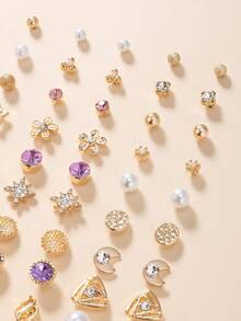 30 对银色金属水钻珍珠心形、叶子、花朵、字母耳钉套装，适合女士 - 彩色 - 查看 5