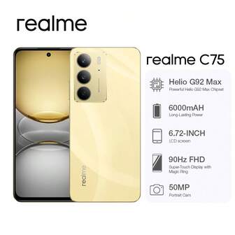 Realme C75 4G 智能手机 6.67 英寸 HD+ 显示屏 50MP AI 摄像头 6000mAh 大容量电池 45W SuperVOOC 快速充电 侧面指纹识别 Android 14 动态按钮 光面设计 6+128GB/8+256GB