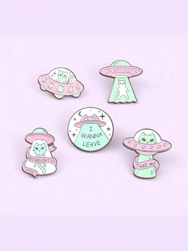 5 pièces Broche série chat alien de bande dessinée, insigne en métal de vaisseau spatial de chat drôle, décoration pour vêtements, sacs, chapeaux, petit cadeau créatif