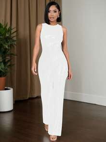 女式无袖亮片阔腿连体衣长款连体裤高弹力派对装，带拉链 - 白色 - 查看 4