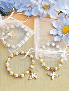 Set cadou brățară rozariu cu cruce și aripi de înger, 72 buc/24 seturi - Include brățară, pungă cadou și etichetă de mulțumire, pandantiv cruce cu brățară rozariu cu mărgele acrilice cu aripi de înger pentru femei și bărbați, botez, comuniune, nuntă, petrecere, Crăciun, cadou mic, en-gros (36/72 buc)