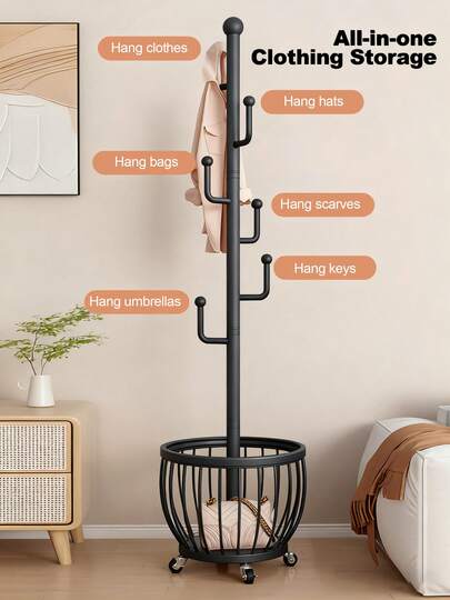 Tree Coat Rack Stand With Clothes Basket, Sturdy Freestanding Coat Rack, Purse Rack Hat Rack Stand, Clothes Rack With Metal Frame, Bedroom Storage Organizeration, Home Decor, Morden Style, Coat Stand Fits Entryway Bedroom Office For Bags, Hats