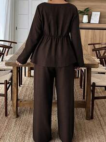 Plus Size Women's 2 Pieces Set, Tie-Up Design, Fitted Silhouette, Long Sleeve Square Neck Top, Woven Fabric, Solid Color Long Pants, Women's Solid Color 2 Pieces Set, Casual Daily Style, Relaxed Homewear Vibe, Elegant - Mocha Brown - View 3