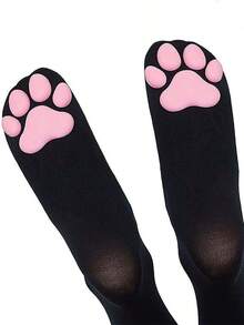 Women 3D Paw Detail Cute Over The Knee Socks For Daily Life, Cozy - Black - View 2