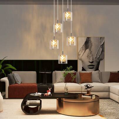 GBLY Lampada a sospensione per tavolo da pranzo in vetro - Lampada a sospensione vintage E27 a 5 luce, lampada a sospensione nera, lampada a sospensione a globo in vetro per soggiorno, cucina, camera da letto, sala da pranzo (lampadina non inclusa)