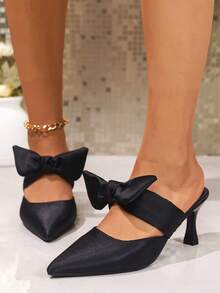 2025 New Bowknot Pointed Toe High Heel Shoes, Versatile Elevated Petite Women Pumps, French Elegant Lady Style, Suitable For Dresses - Black - View 5