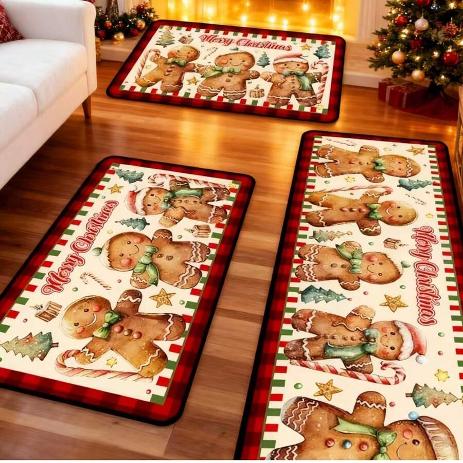 3pcs Christmas Gingerbread Man Theme Rugs Set, 40*60cm/50*80cm/40*120cm, Gingerbread Christmas Elements, Non-Slip & Durable, Christmas Decor Atmosphere, Holiday Essential Rug Set, Entryway, Living Room, Bedroom Carpet
