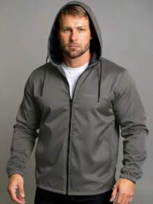 Men's Windbreaker Jacket, Lined, Waterproof, Plain, Hooded - Dark Grey - View 6
