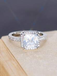 1pc Fashionable, Simple, Elegant, Sparkling Princess Square Synthetic Zirconia Wedding Engagement Ring, Women's High-End Jewelry, Exquisite Temperament Ring, Exquisite And Elegant Party And Wedding Accessories, Creative Gifts For Lovers - 銀色 - 查看 2